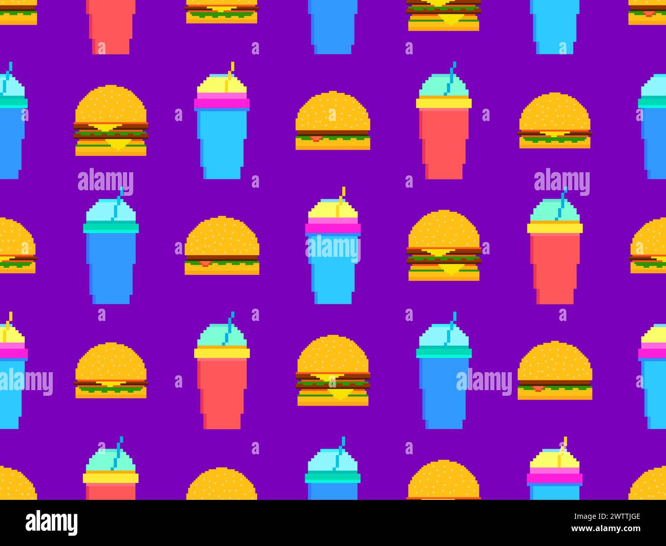 Pattern senza interruzioni con hamburger pixel e soda. Bicchieri di carta con bevande gassate. Cheeseburger, hamburger e bevande analcoliche gassate in pixel art Illustrazione Vettoriale