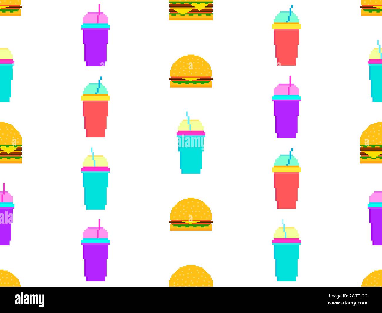 Pattern senza interruzioni con hamburger pixel e soda. Bicchieri di carta con bevande gassate. Cheeseburger, hamburger e bevande analcoliche gassate in pixel art Illustrazione Vettoriale