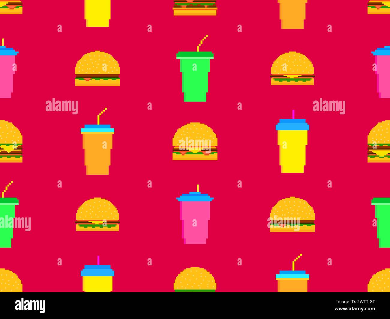 Pattern senza interruzioni con hamburger pixel e soda. Bicchieri di carta con bevande gassate. Cheeseburger, hamburger e bevande analcoliche gassate in pixel art Illustrazione Vettoriale