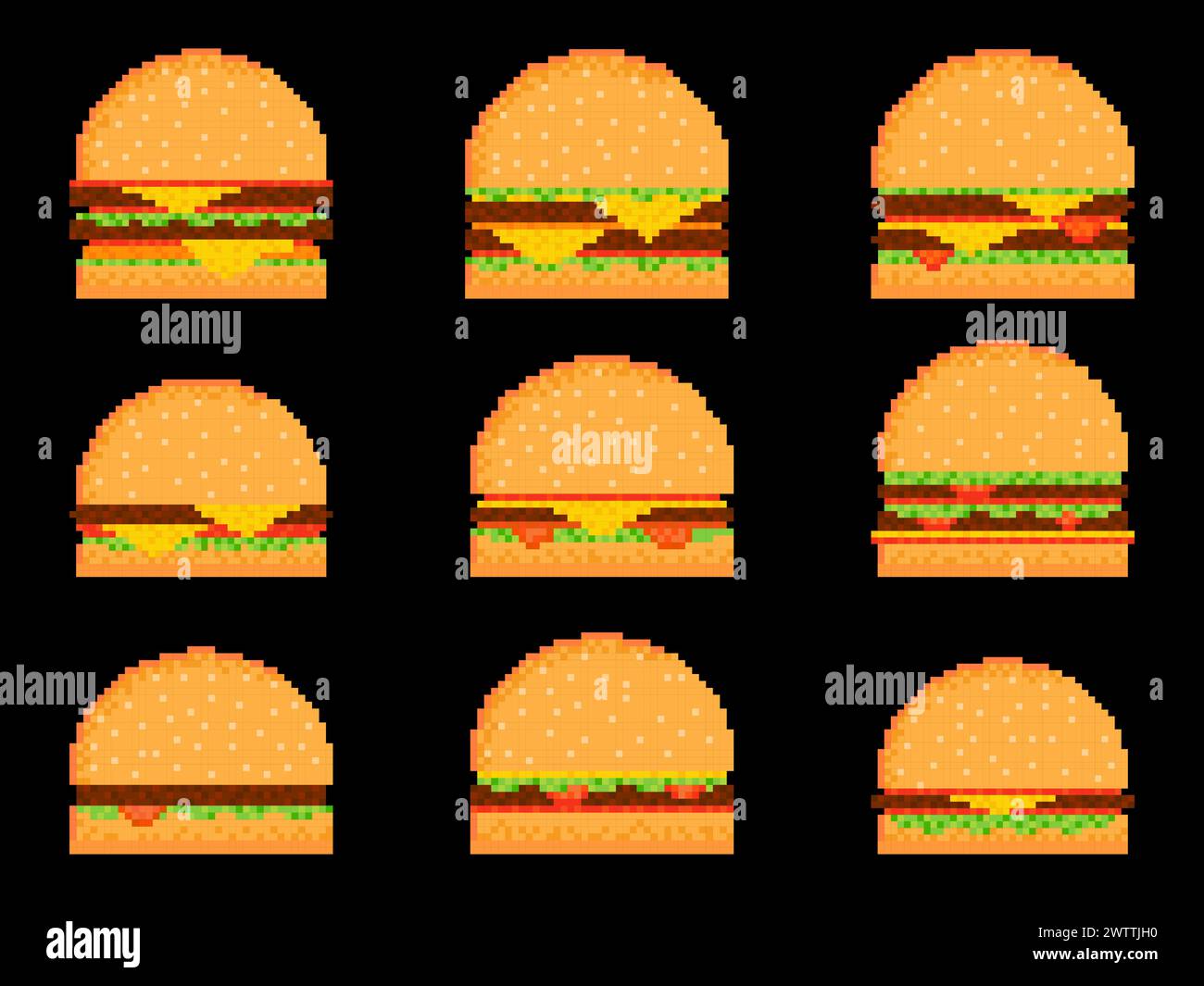 Set di icone di pixel burger isolato su sfondo nero. cheeseburger a 8 bit con due cotolette e formaggio. Collezione di icone di cheeseburger e hamburger in Illustrazione Vettoriale