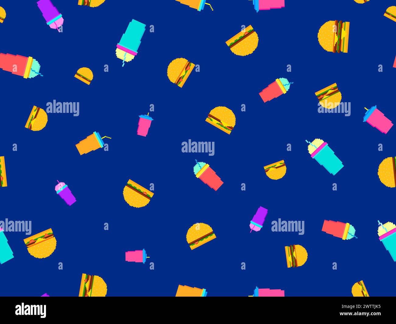 Pattern senza interruzioni con hamburger pixel e soda. Bicchieri di carta con bevande gassate. Cheeseburger, hamburger e bevande analcoliche gassate in pixel art Illustrazione Vettoriale