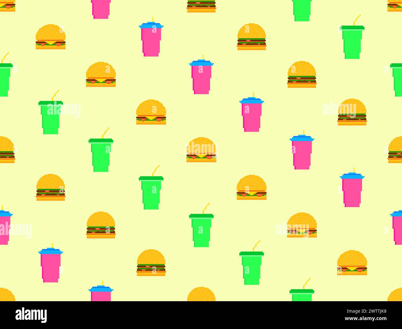 Pattern senza interruzioni con hamburger pixel e soda. Bicchieri di carta con bevande gassate. Cheeseburger, hamburger e bevande analcoliche gassate in pixel art Illustrazione Vettoriale
