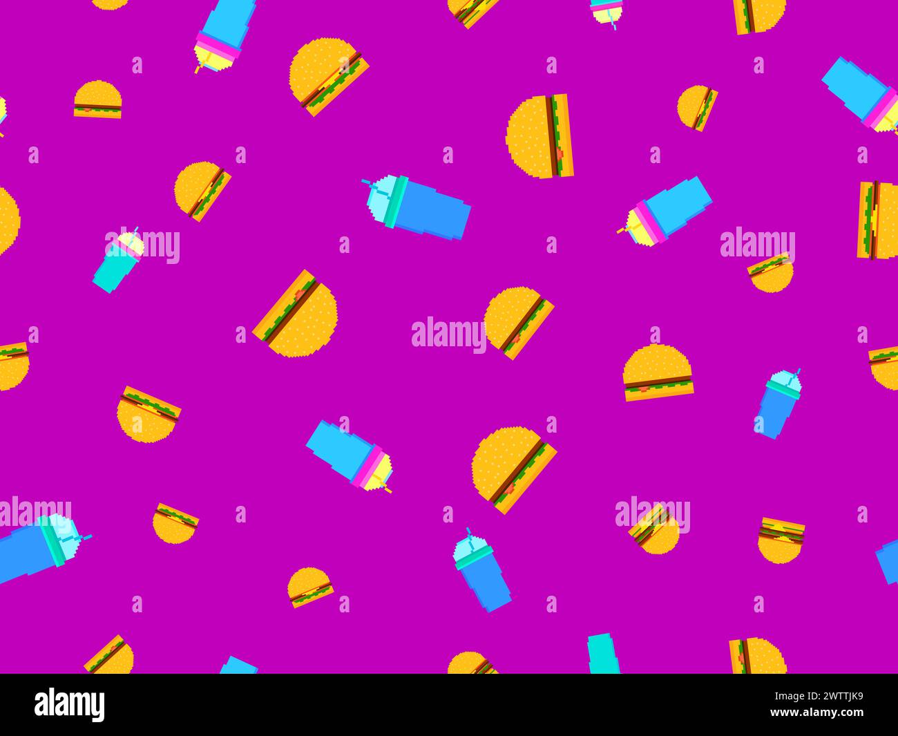 Pattern senza interruzioni con hamburger pixel e soda. Bicchieri di carta con bevande gassate. Cheeseburger, hamburger e bevande analcoliche gassate in pixel art Illustrazione Vettoriale