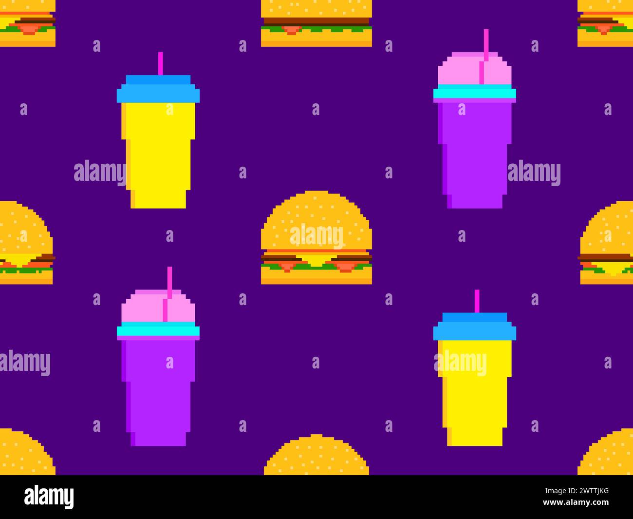 Pattern senza interruzioni con hamburger pixel e soda. Bicchieri di carta con bevande gassate. Cheeseburger, hamburger e bevande analcoliche gassate in pixel art Illustrazione Vettoriale