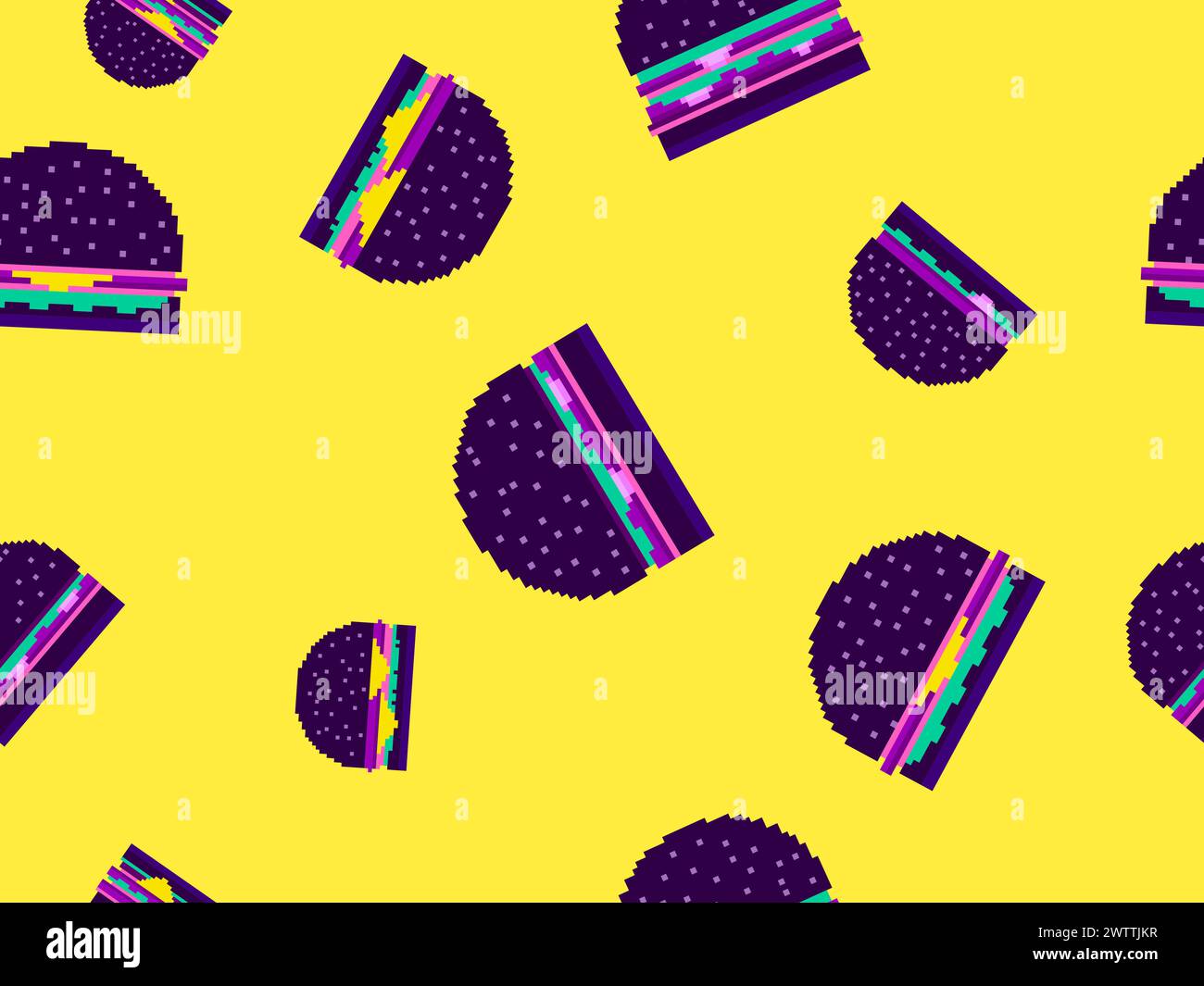 Pattern senza cuciture con hamburger in stile pixel art. Cheeseburger e hamburger con due cotolette e formaggio. fast food a 8 bit in stile retrò da Illustrazione Vettoriale