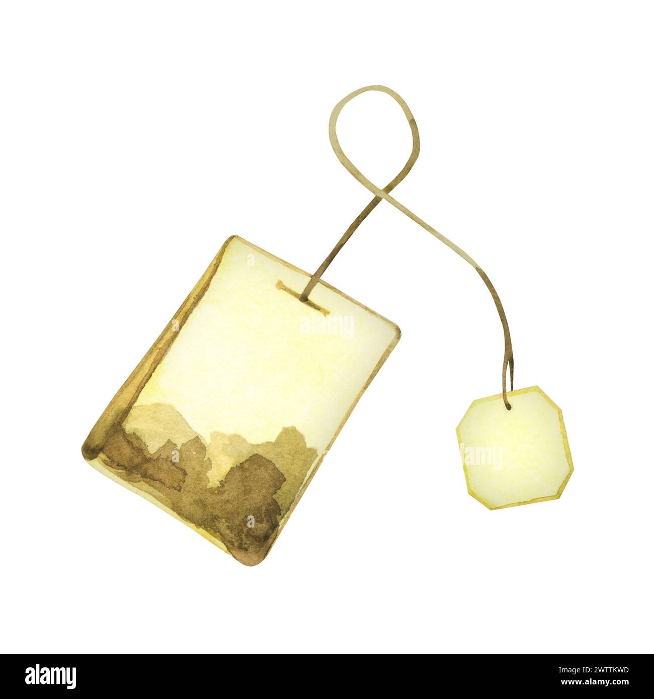 Illustrazione acquerello. Bustina di tè con foglie di tè ed etichetta disegnata a mano con acquerello su sfondo bianco. Adatto per la stampa su tessuto e carta Foto Stock