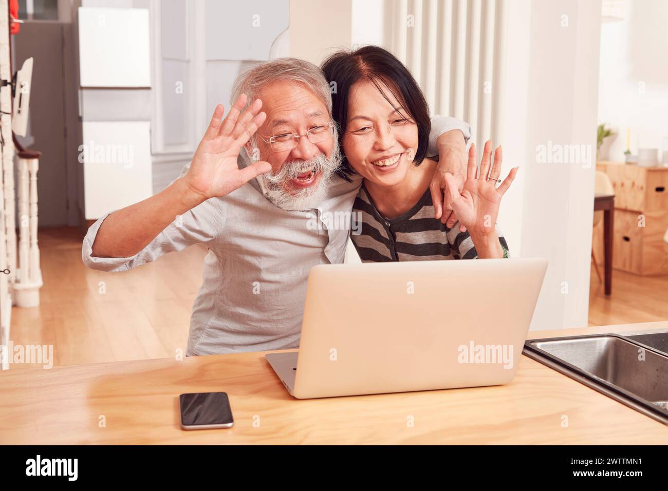 Coppia di anziani che urlano sullo schermo del notebook Foto Stock