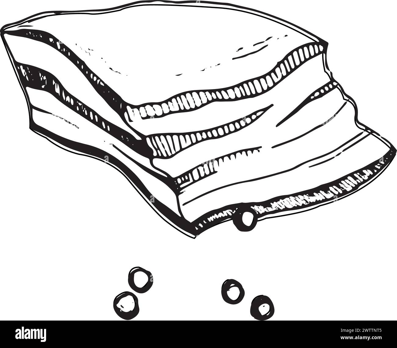 Illustrazione vettoriale. Un pezzo di lardo e grani di pepe nero disegnati con un contorno nero in vettoriale. Adatto per la stampa su tessuto e carta Illustrazione Vettoriale