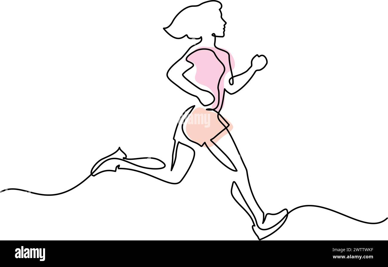 Donna Runner. Disegno continuo a una linea. Giovane atleta corsa sprint. Illustrazione Vettoriale