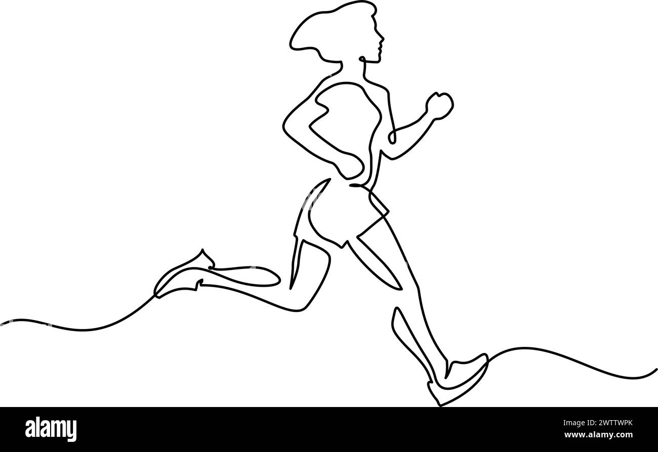 Donna Runner. Disegno continuo a una linea. Giovane atleta corsa sprint. Illustrazione Vettoriale