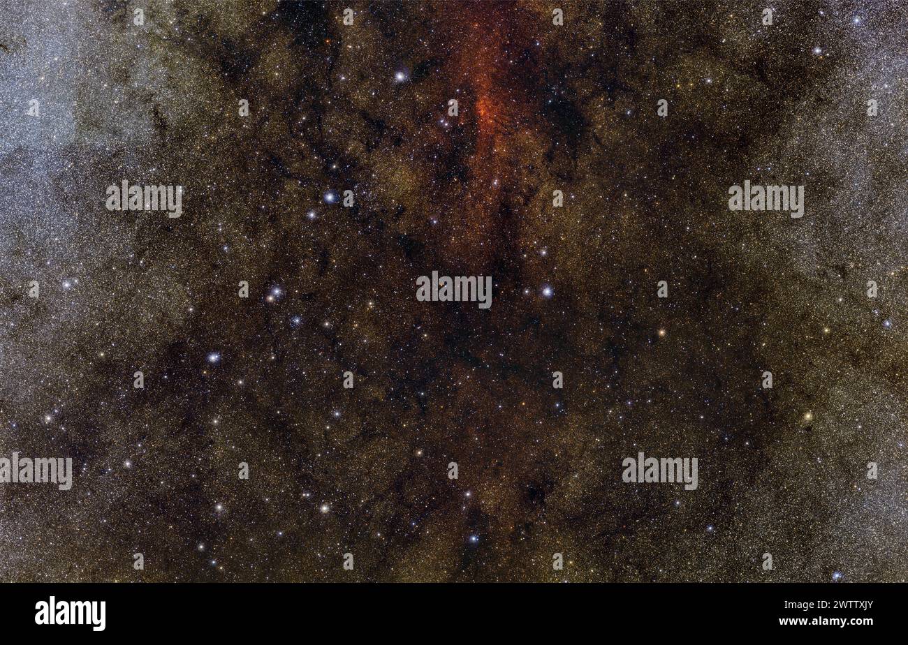 Vasto campo di starfield con una pista di polvere cosmica oscura Foto Stock