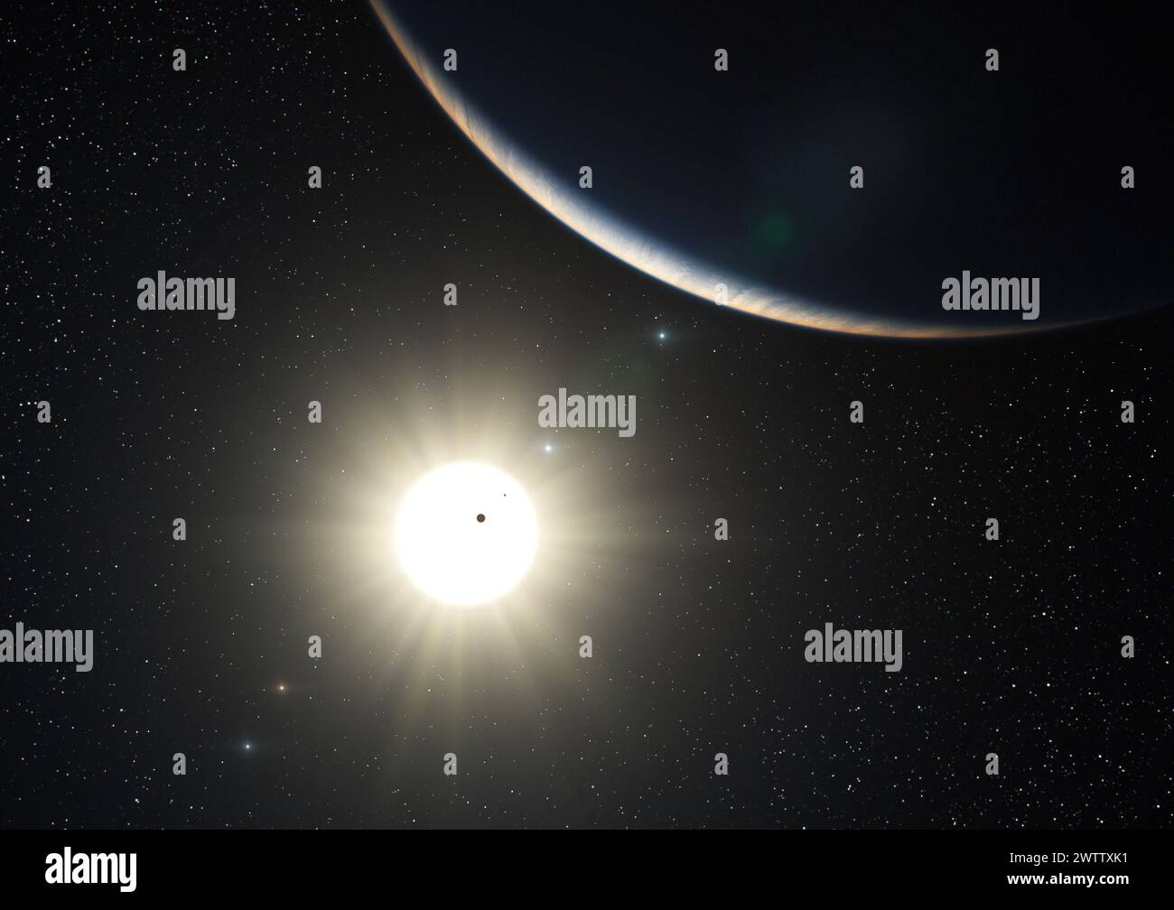 Transito planetario attraverso una stella nello spazio Foto Stock
