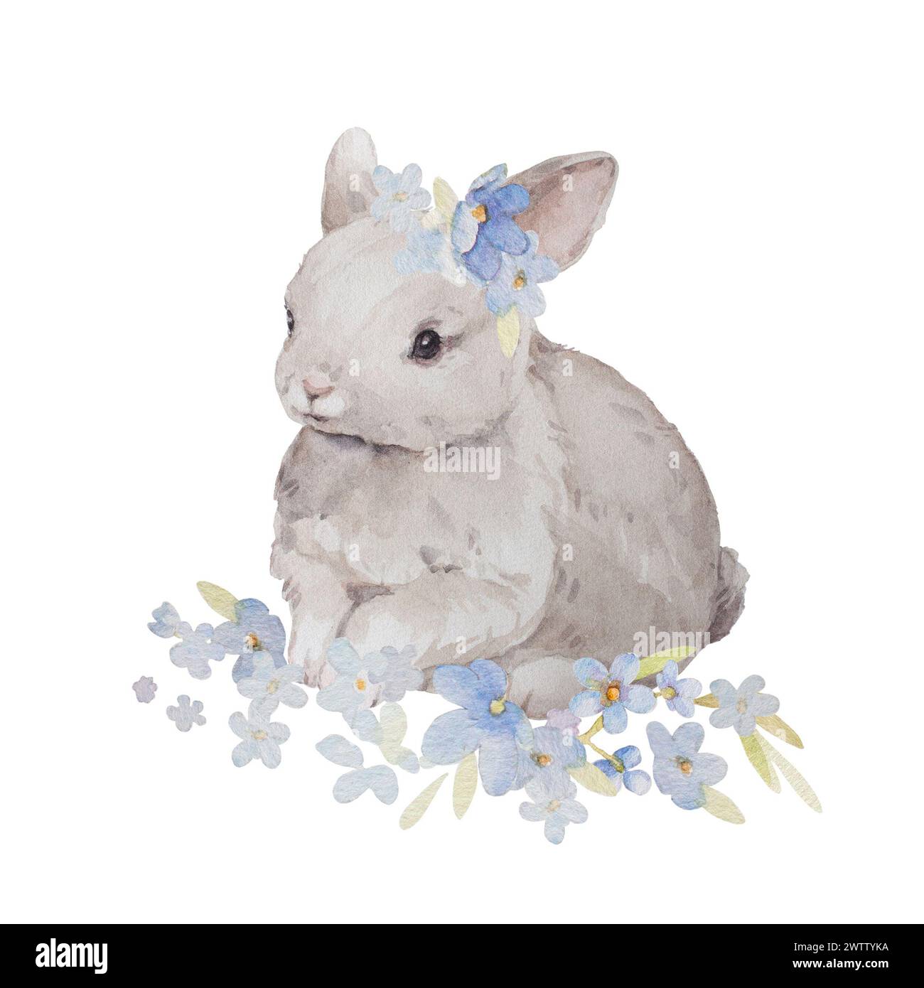 Illustrazioni di coniglio con fiori acquerello. Clip per acquerello coniglietto pasquale art Vivaio Art Vintage. Composizione ad acquerello disegnato a mano Foto Stock