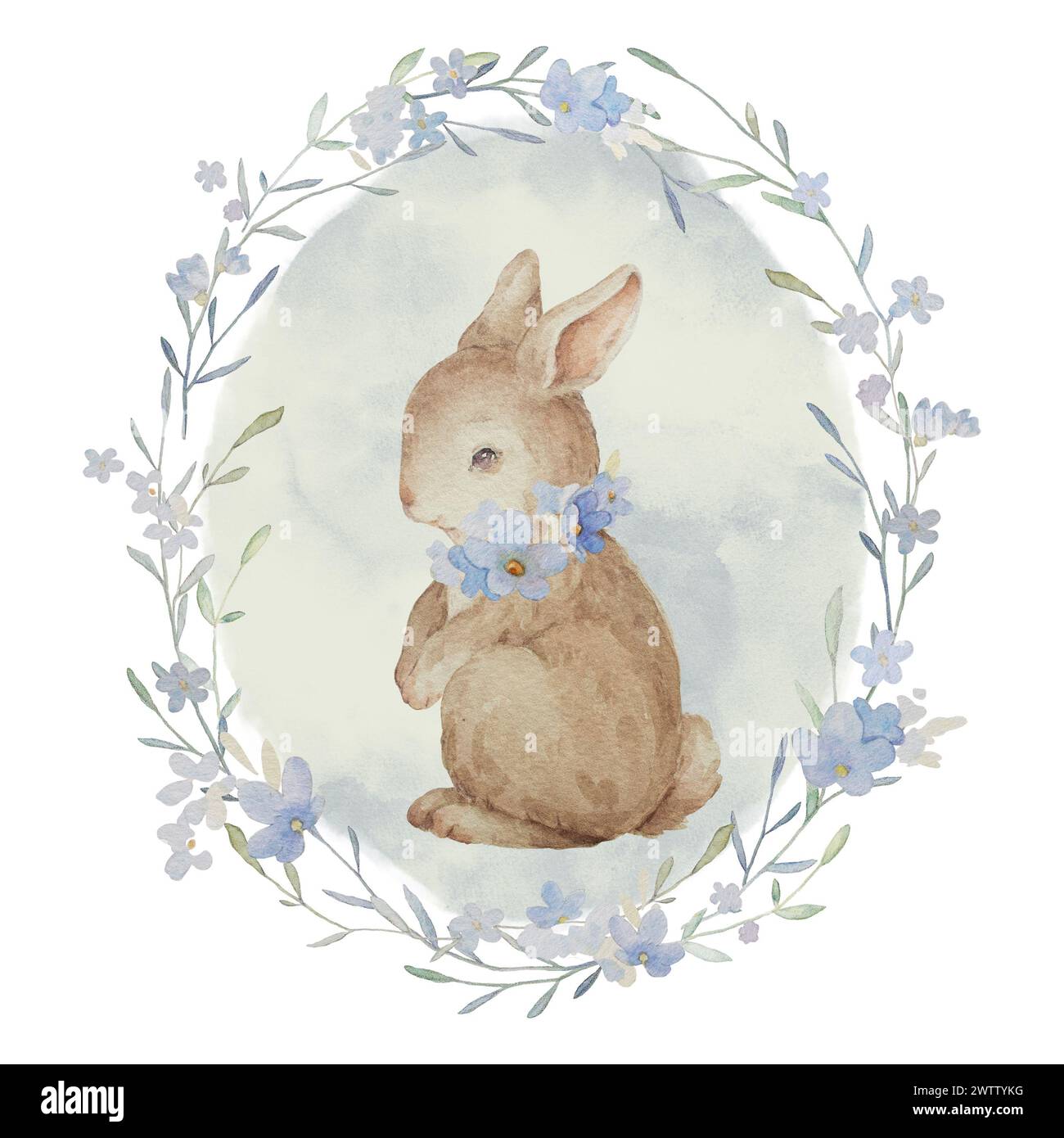 Coniglio con Forget me Not Fiori Acquerello illustrazioni Primavera. Pasqua coniglietto d'annata con clip ad acquerello disegnata a mano Art Coniglio in fiore Wreath Illus Foto Stock