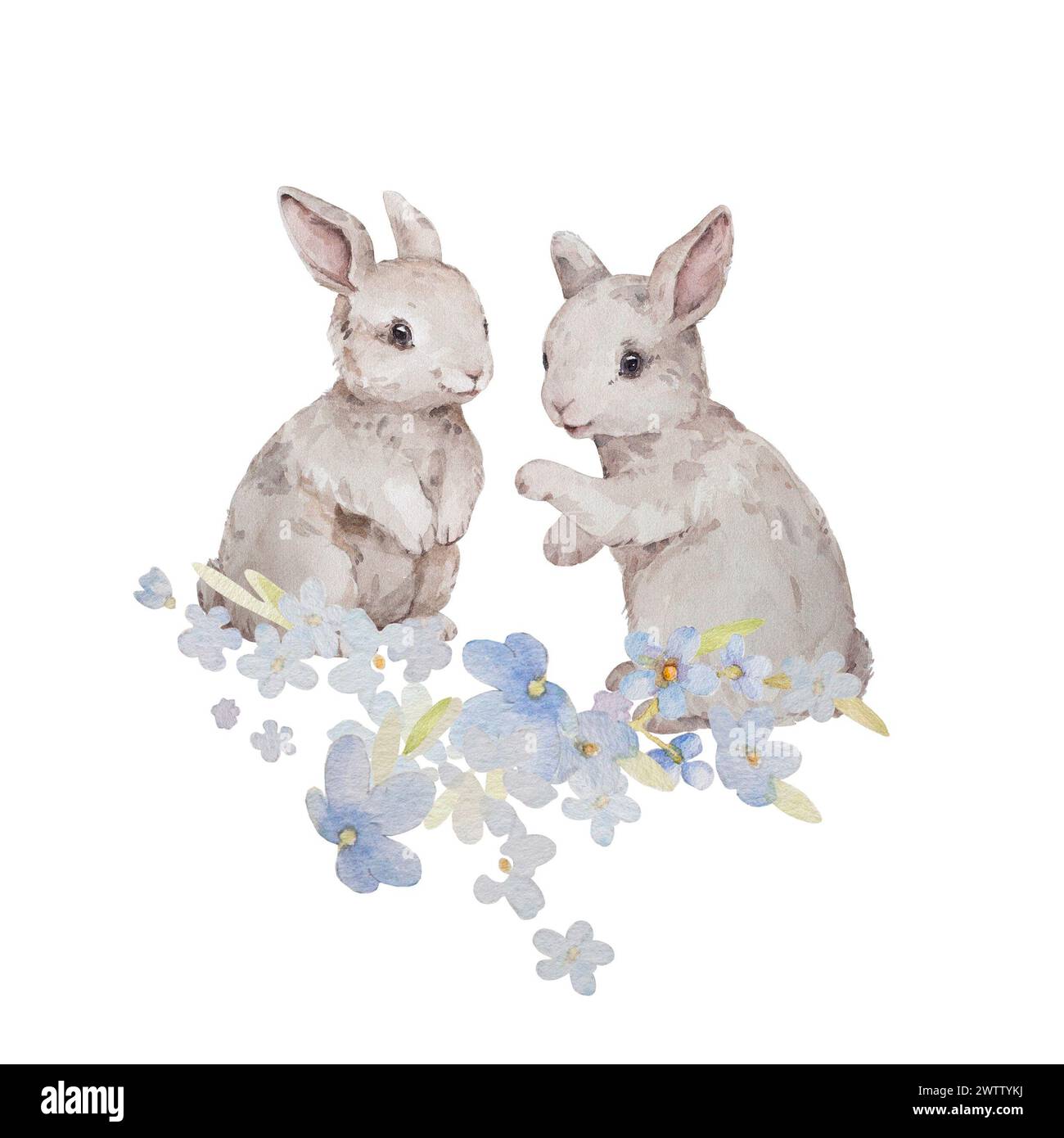 Conigli con le illustrazioni Forget me Not Flowers. Clip per acquerello coniglietto pasquale art Illustrazioni di coniglio con fiori. Vivaio Art Vintage Foto Stock