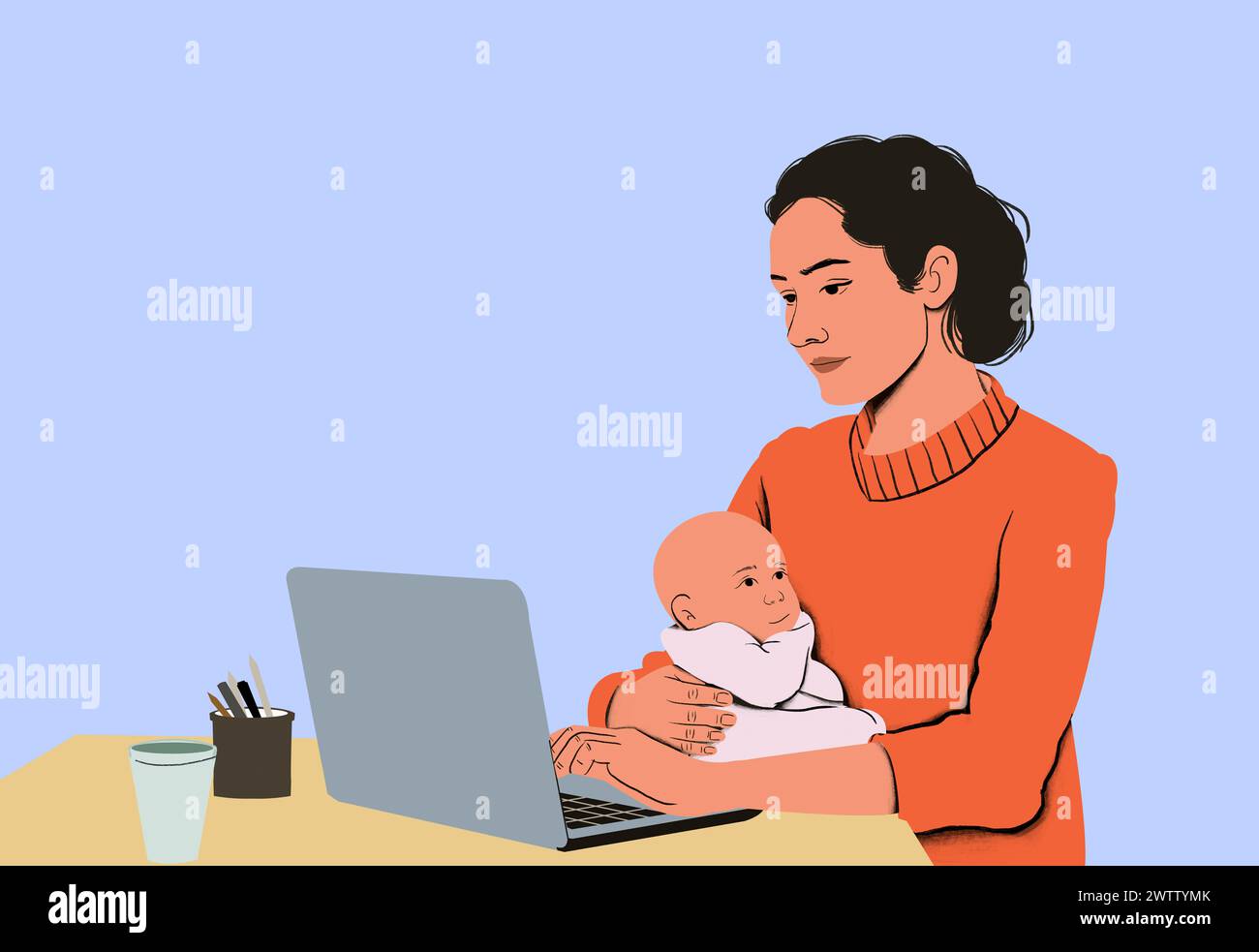 Una giovane madre che lavora in multitasking con il suo bambino mentre lavora sul suo notebook. Foto Stock