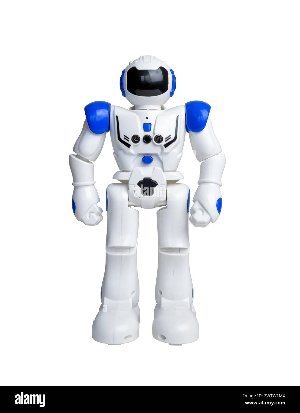 Robot bianco isolato con dettagli blu e vari sensori per movimento e azione Foto Stock