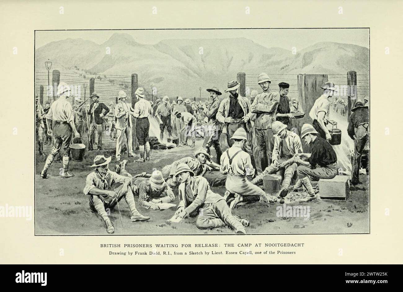 Prigionieri britannici in attesa di rilascio : il campo di Nooitgedacht. Vintage Archival Plate from the Second Boer War, 1899-1902, Sudafrica. Dal Sudafrica e dalla guerra del Transvaal, di Louis Creswicke, pubblicato nel 1899 Foto Stock