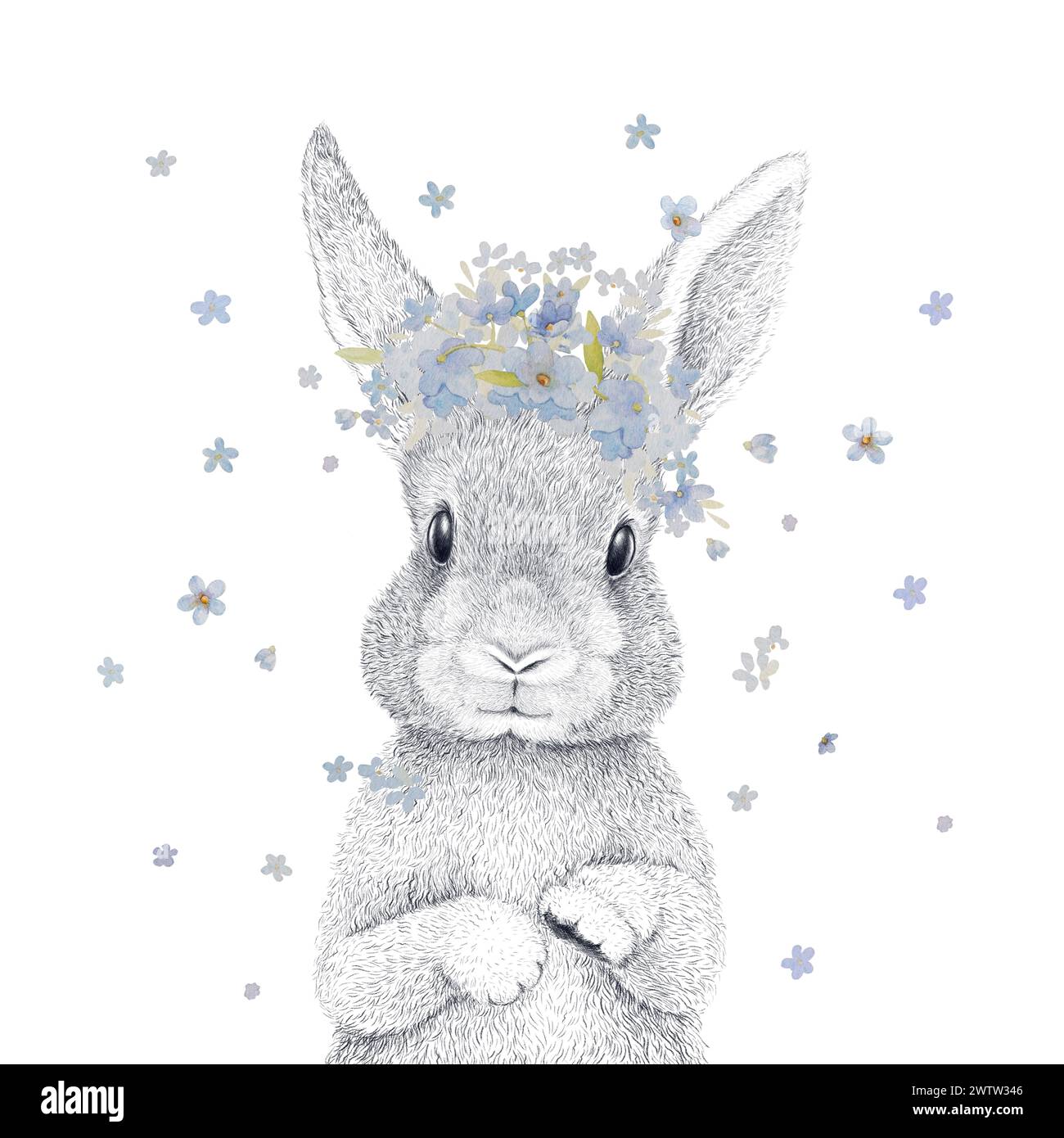 Illustrazioni di coniglio con fiori acquerello. Nursery Wall Art Vintage. Coniglio con Forget me Not Flowers illustrazioni Foto Stock