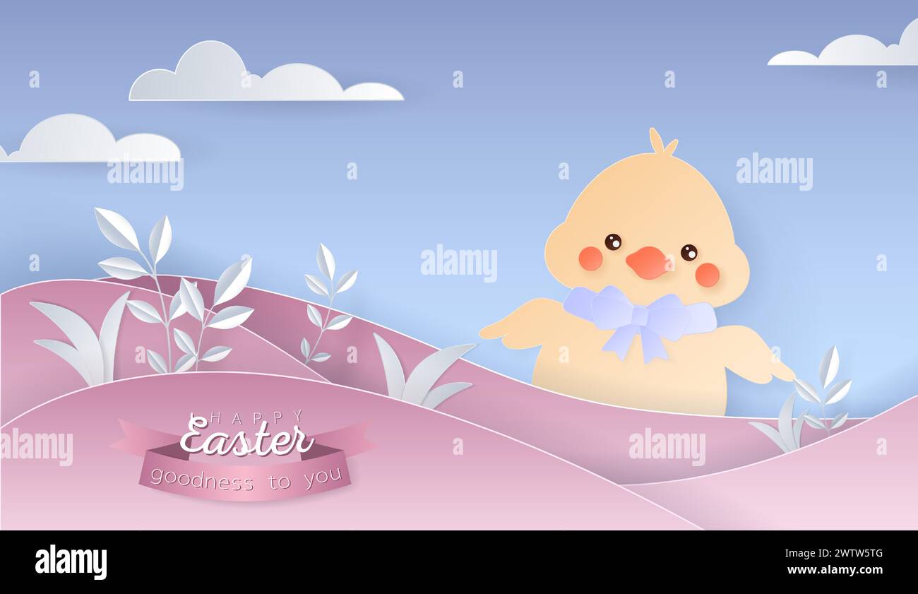 Buona carta da parati o banner per il giorno di Pasqua con elementi papercut. Bellissimi oggetti orientali tagliati in carta. Illustrazione vettoriale per la vendita, esposizione del prodotto, aste Illustrazione Vettoriale