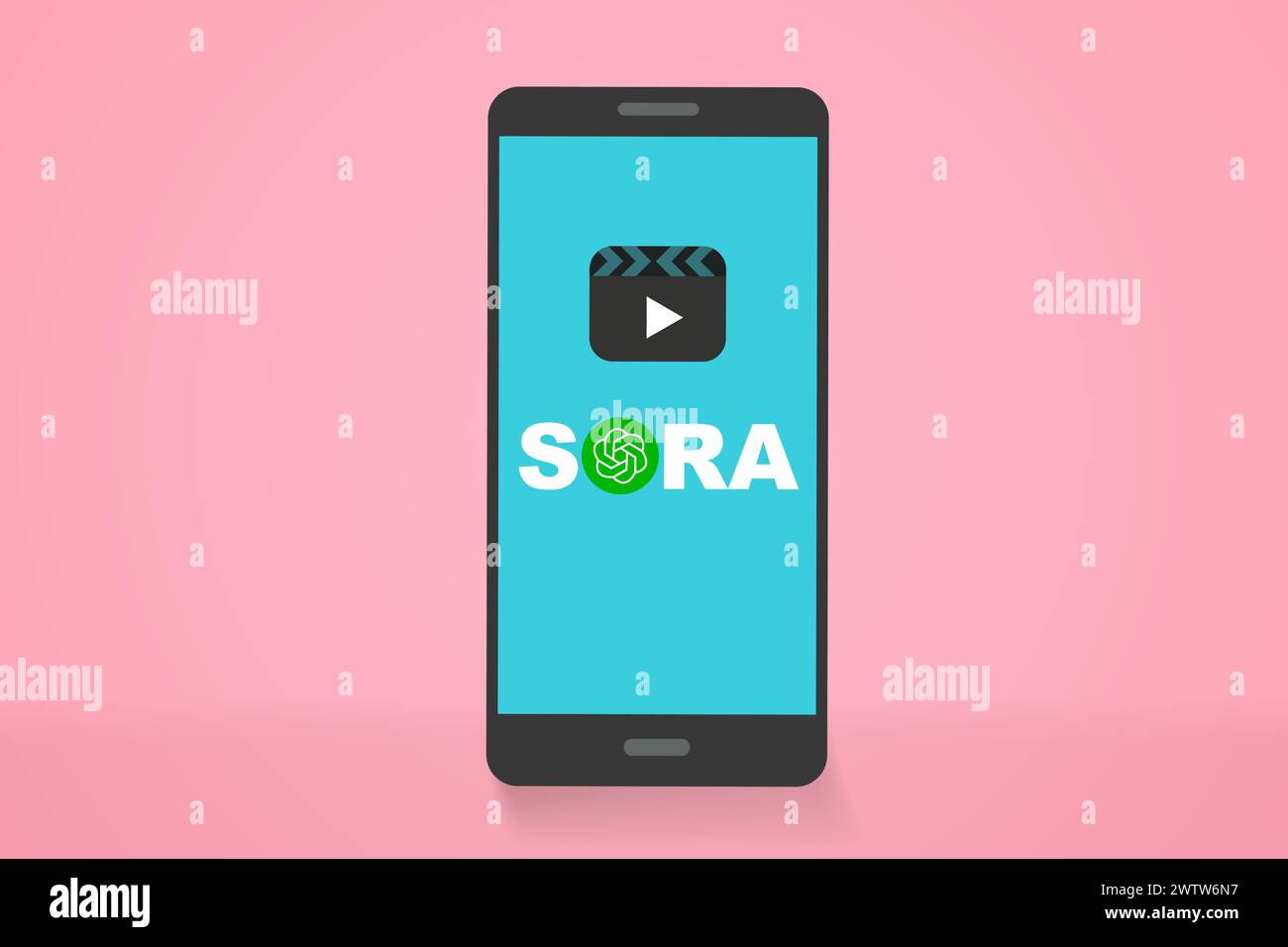 Generatore video online logo Sora ai sullo schermo vettoriale dello smartphone. Telefono cellulare con icona Sora. Sora è un'intelligenza artificiale di testo per il genere video Illustrazione Vettoriale