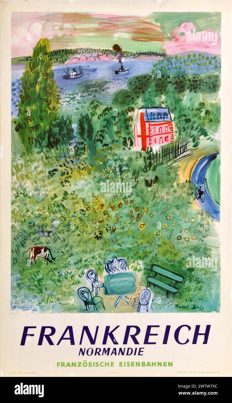 Poster da viaggio vintage, per Normandie, Francia, con l'opera di Raoul Dufy, per le Ferrovie francesi. circa 1950 . Edizione in lingua tedesca. Foto Stock