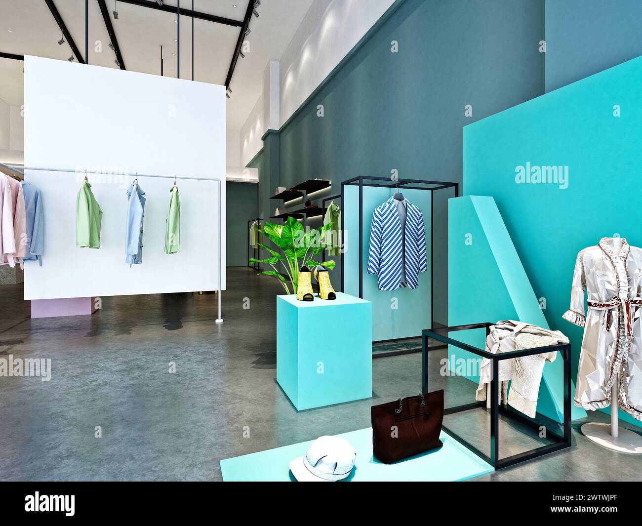 negozio di moda, negozio di abbigliamento con rendering 3d. Foto Stock