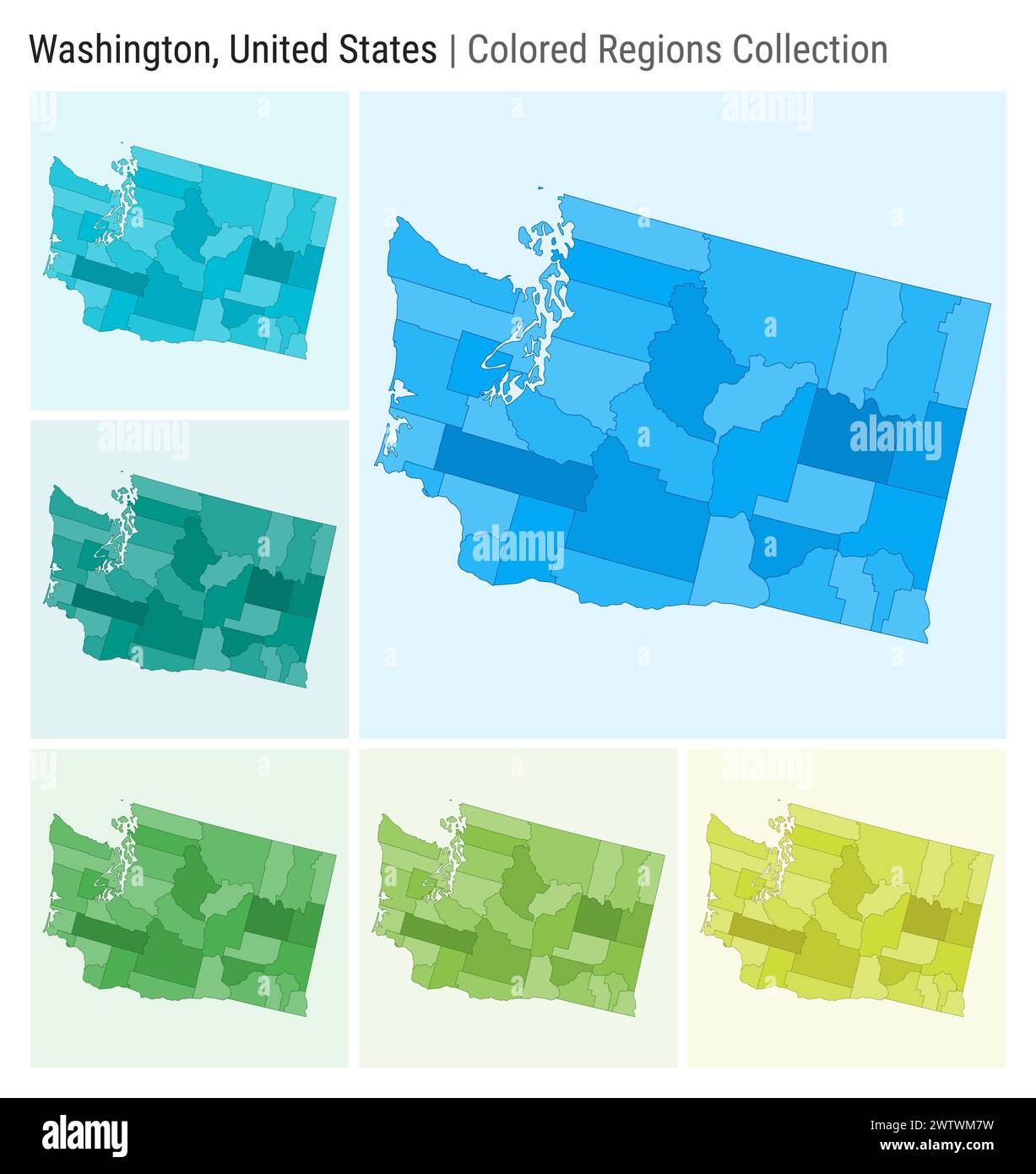 Washington, Stati Uniti. Raccolta mappe. Stato forma. Contee colorate. Azzurro, ciano, verde, verde chiaro, tavolozze di colori lime. Illustrazione Vettoriale