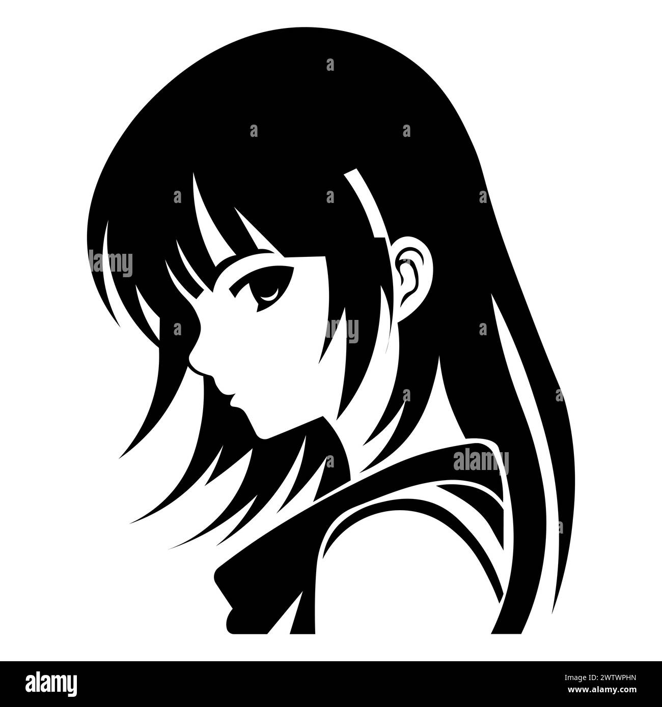 icona nera della ragazza vettoriale anime su sfondo bianco Illustrazione Vettoriale
