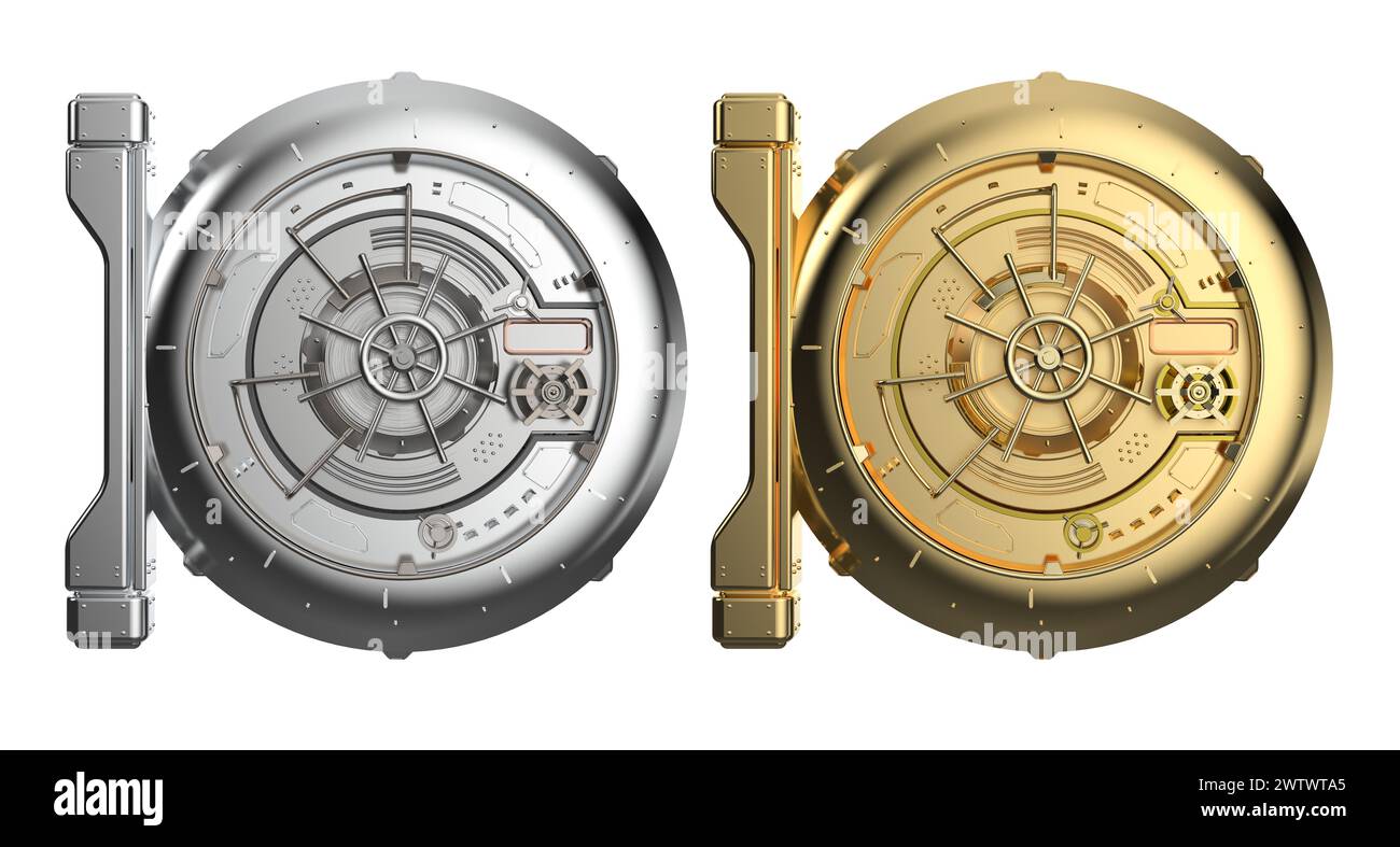 rendering 3d, porte del vault in metallo e oro chiuse isolate sul bianco Foto Stock