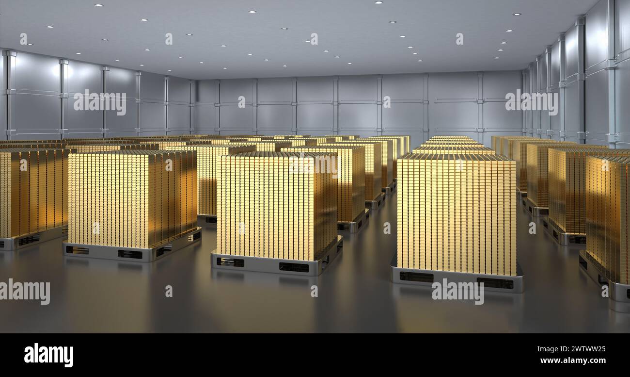 rendering 3d di un mucchio di lingotti d'oro nella cassaforte della banca Foto Stock