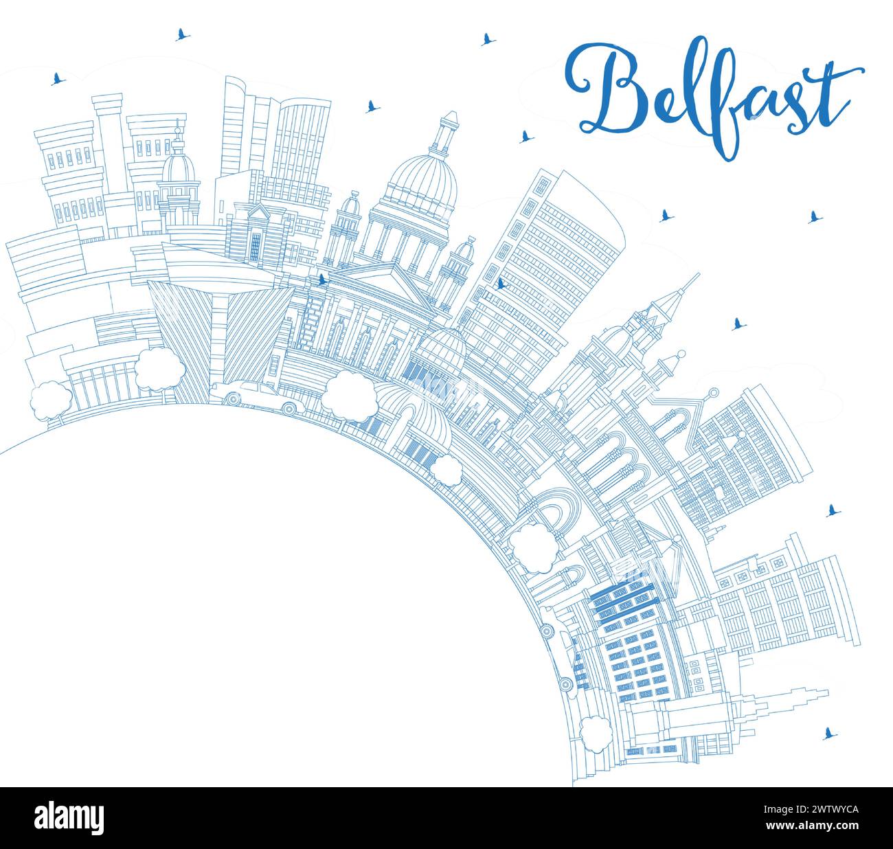 Delineate Belfast Northern Ireland City Skyline con edifici blu e Copy Space. Illustrazione vettoriale. Paesaggio urbano di Belfast con punti di riferimento. Illustrazione Vettoriale
