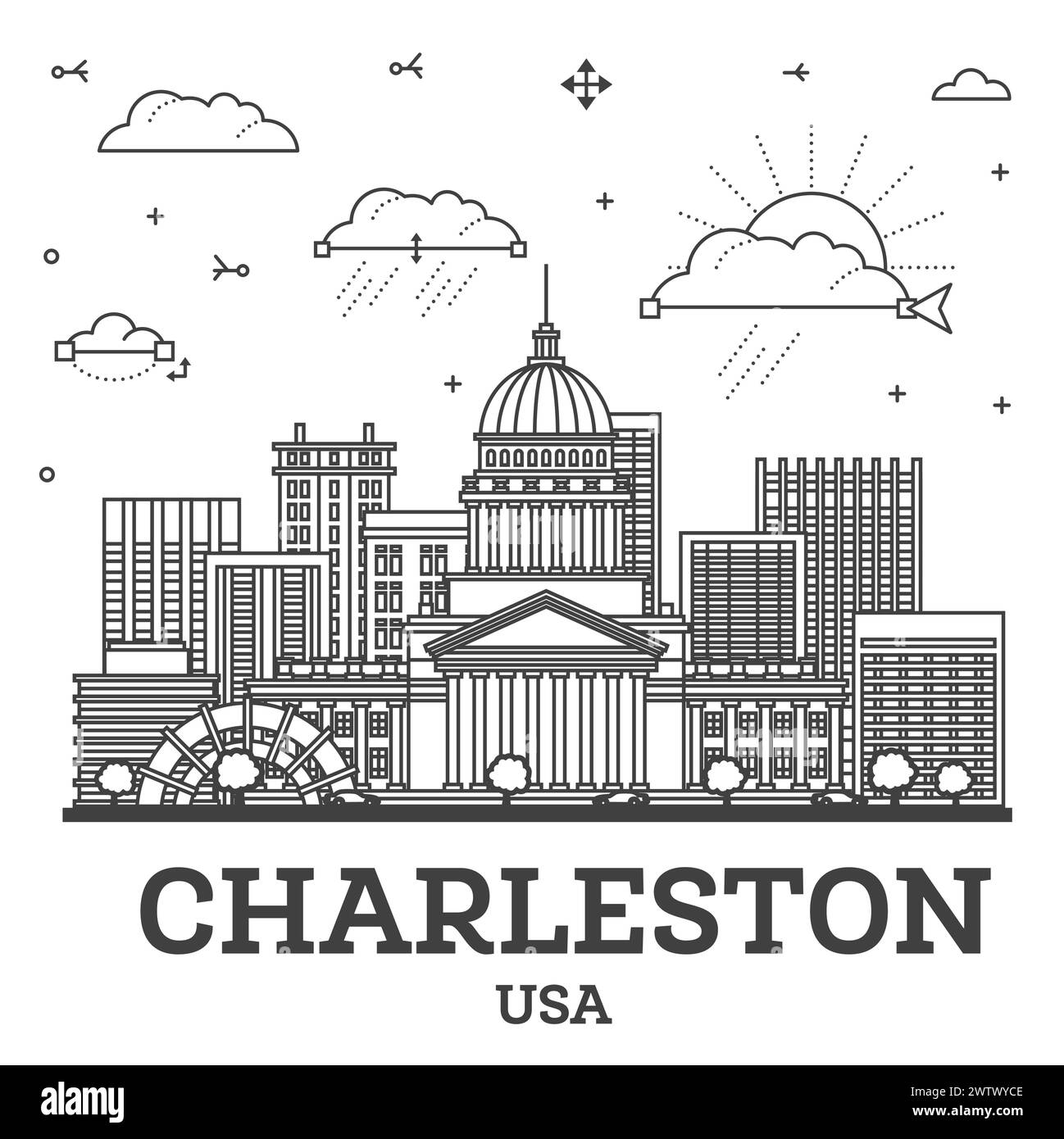 Delineate Charleston West Virginia USA City Skyline con edifici moderni isolati su White. Illustrazione vettoriale. Charleston con luoghi di interesse. Illustrazione Vettoriale