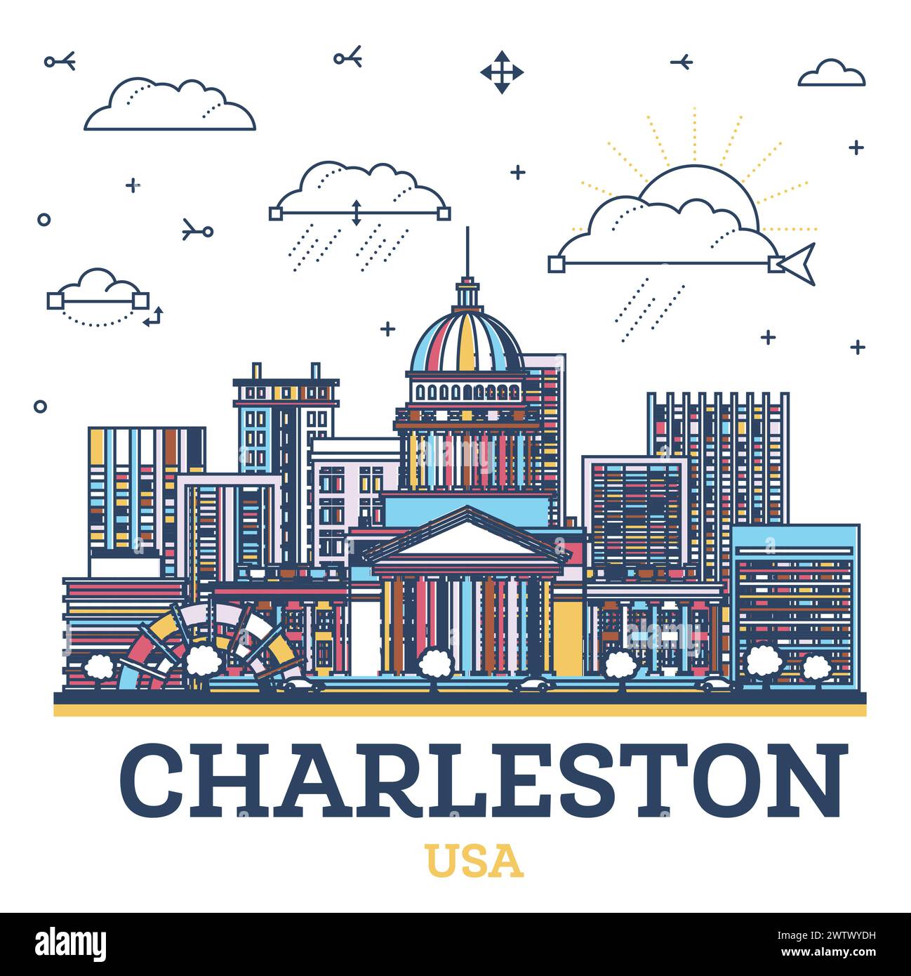 Delinea Charleston West Virginia USA City Skyline con edifici moderni colorati isolati su White. Illustrazione vettoriale. Il paesaggio urbano di Charleston. Illustrazione Vettoriale