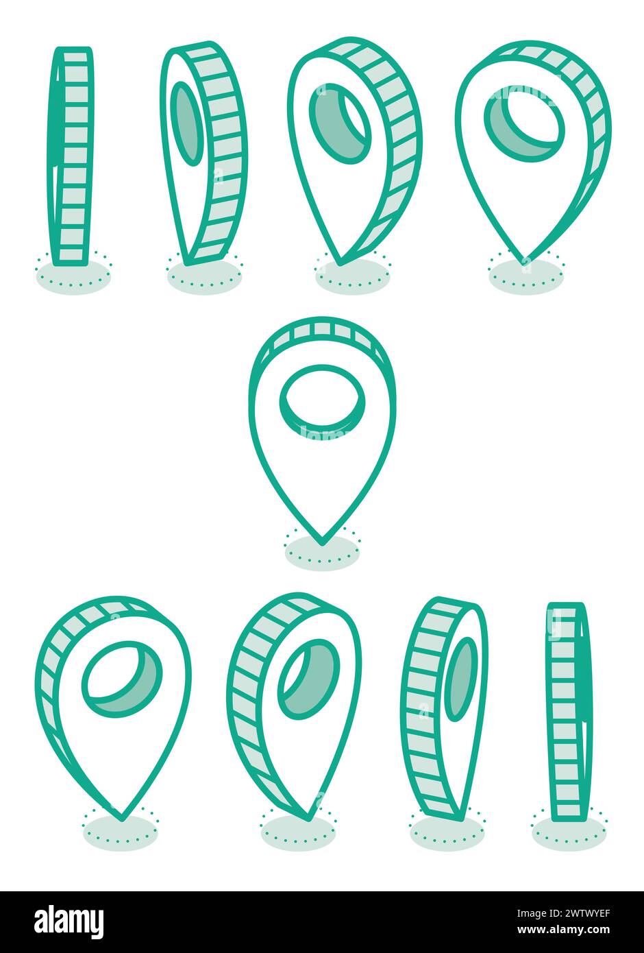 Puntatori di mappa isometrici. Illustrazione vettoriale. Impostato in vari angoli. Puntina 3d puntatore mappa. Simboli di posizione. Oggetti di contorno. Illustrazione Vettoriale