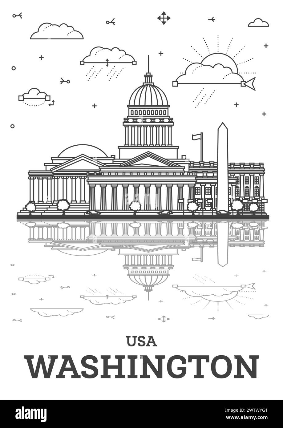 Delinea lo skyline di Washington DC USA City con edifici moderni e riflessi isolati sul bianco. Illustrazione vettoriale. Paesaggio urbano di Washington DC. Illustrazione Vettoriale