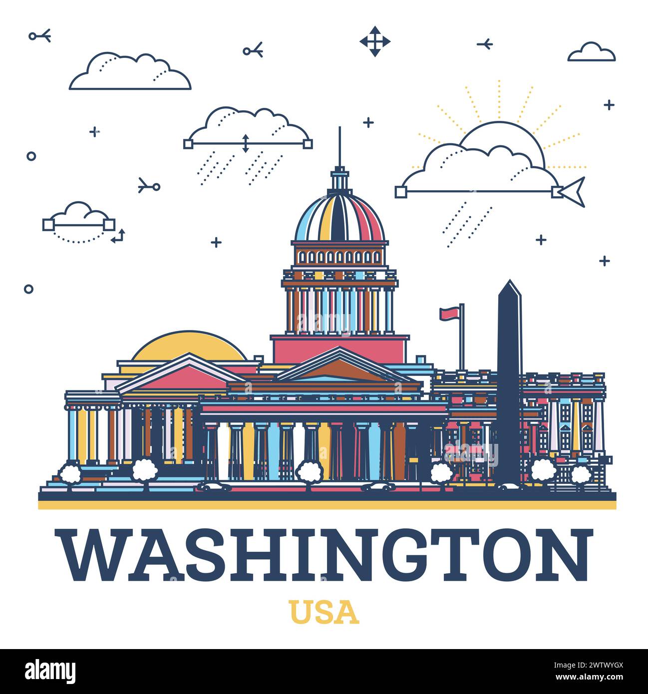 Delinea lo skyline di Washington DC USA City con edifici moderni colorati isolati sul bianco. Illustrazione vettoriale. Paesaggio urbano di Washington DC con monumenti storici. Illustrazione Vettoriale