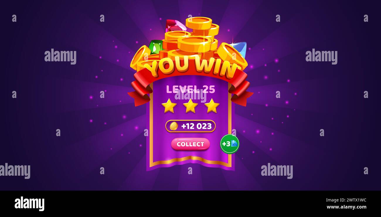 Banner del pulsante popup gioco interfaccia utente o vittoria livello. Design del distintivo vincitore per il trofeo. Modello di interfaccia vittoria in torneo o competizione con moneta d'oro su sfondo viola. bonus 2d o risultato evento completo Illustrazione Vettoriale Banner del pulsante popup gioco interfaccia utente o vittoria livello. Design del distintivo vincitore per il trofeo. Modello di interfaccia vittoria in torneo o competizione con moneta d'oro su sfondo viola. bonus 2d o risultato evento completo Illustrazione Vettoriale