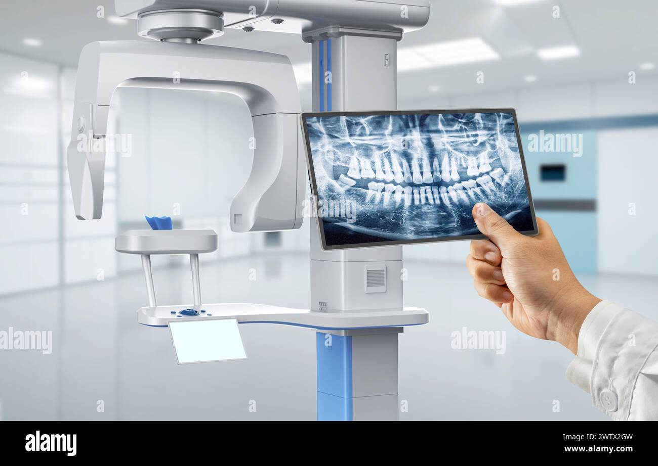 rendering 3d della stanza dell'ospedale con il dentista analizza la pellicola radiografica digitale dalla macchina dello scanner Foto Stock