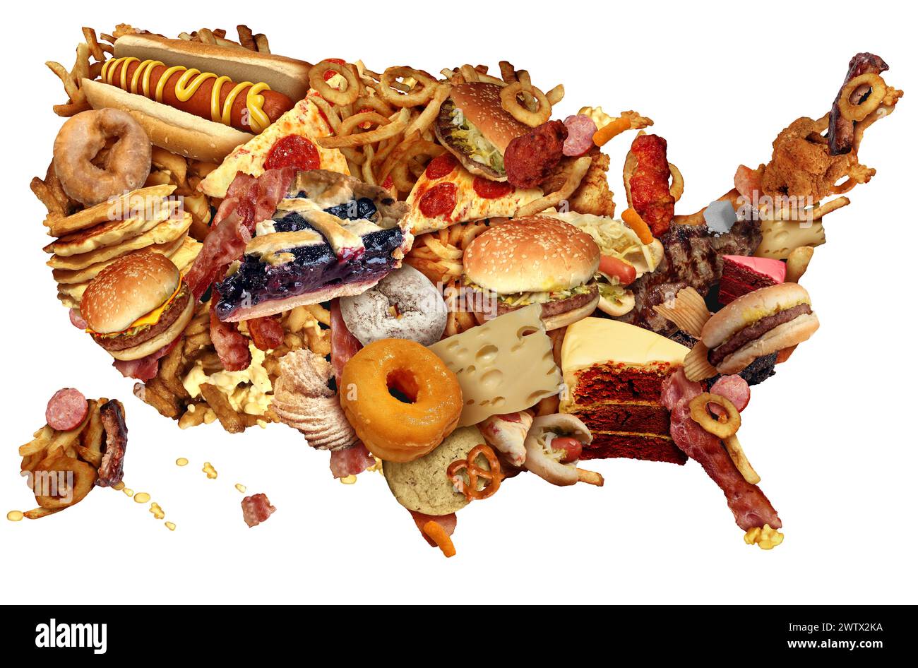 US Junk Food Diet come una malsana abitudini alimentari americane che rappresentano l'obesità degli Stati Uniti e le abitudini alimentari di colesterolo alto grasso come un americano h Foto Stock