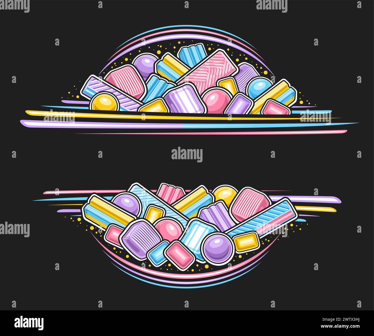 Bordo vettoriale per Bubble Gum con spazio di copia per il testo dell'annuncio, cartello con illustrazione del contorno di diverse gomme colorate, layout decorativo Illustrazione Vettoriale