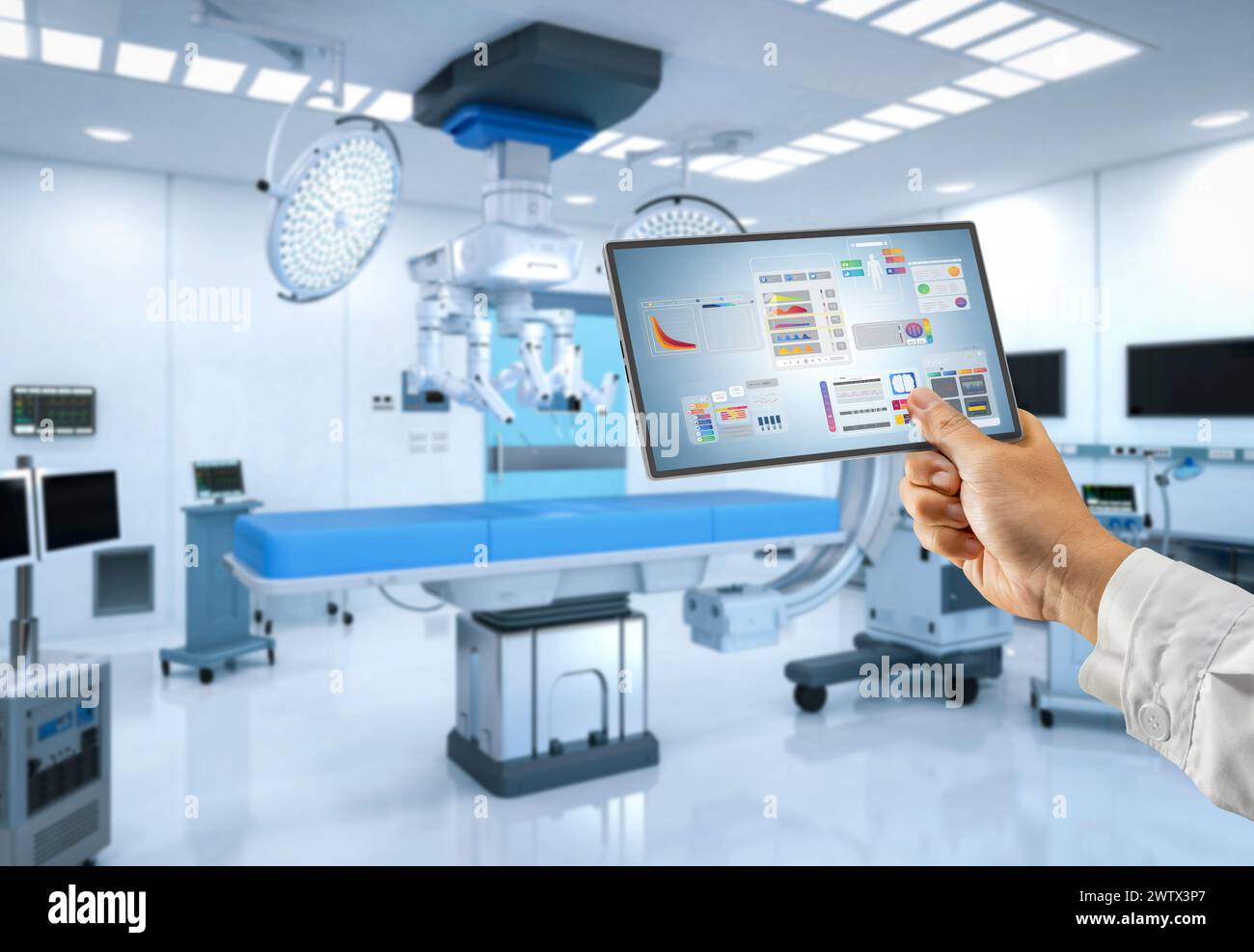 Medico con display di interfaccia grafica nella rappresentazione 3d della sala ospedaliera con macchina medica Foto Stock