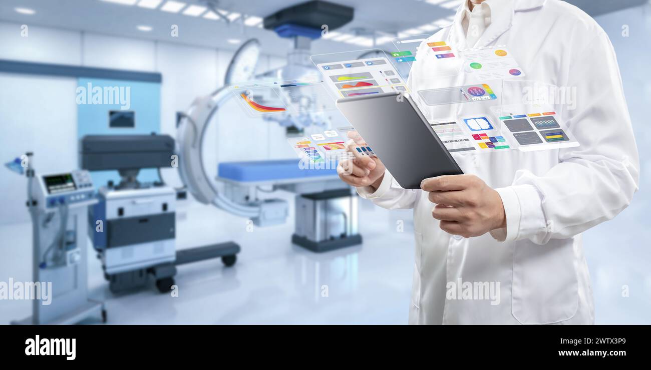 Medico con display di interfaccia grafica nella rappresentazione 3d della sala ospedaliera con macchina medica Foto Stock