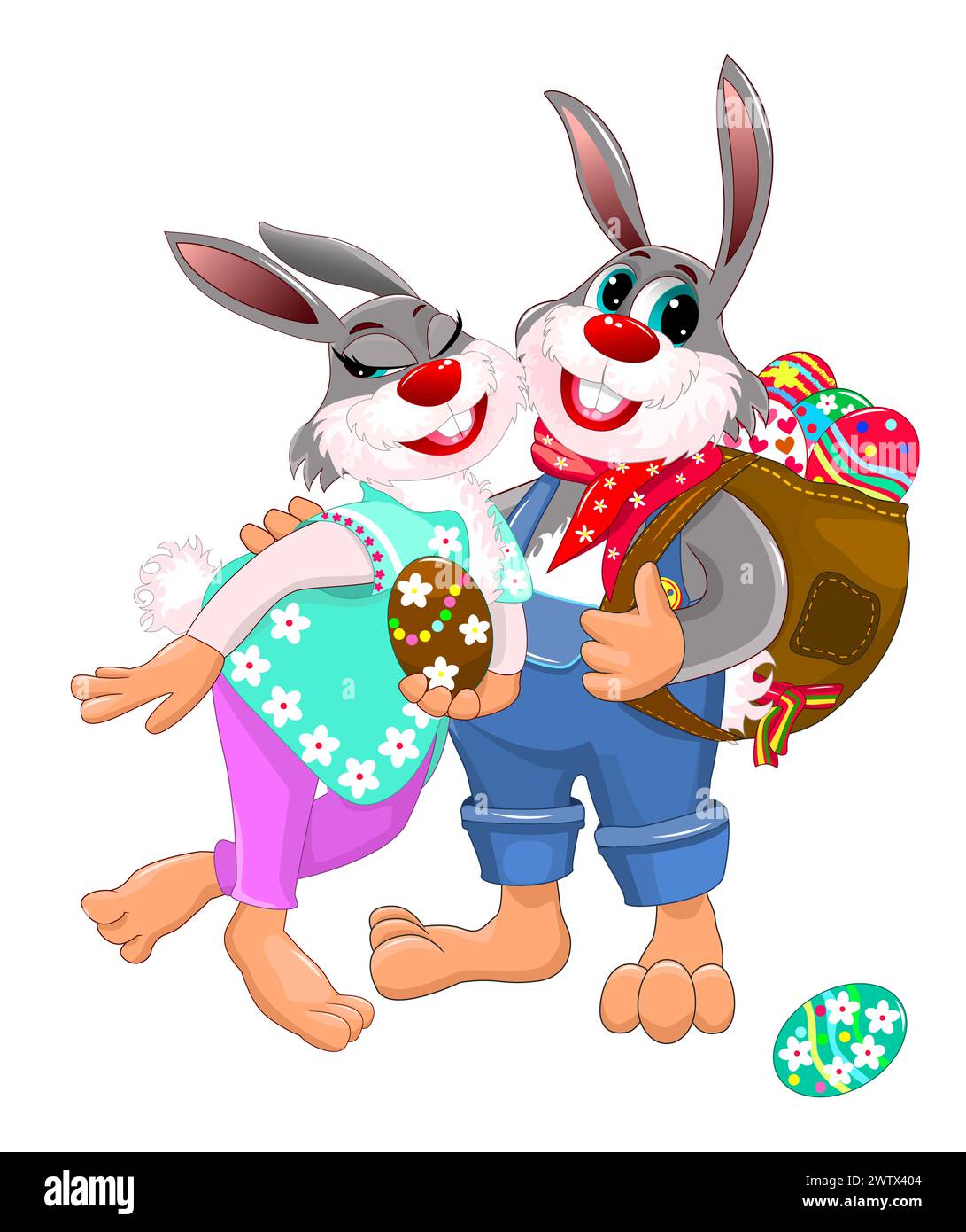 Coniglietti di cartoni animati con uova di Pasqua. Le lepri sorridono e tengono le uova di colore pasquale nelle zampe. Illustrazione Vettoriale
