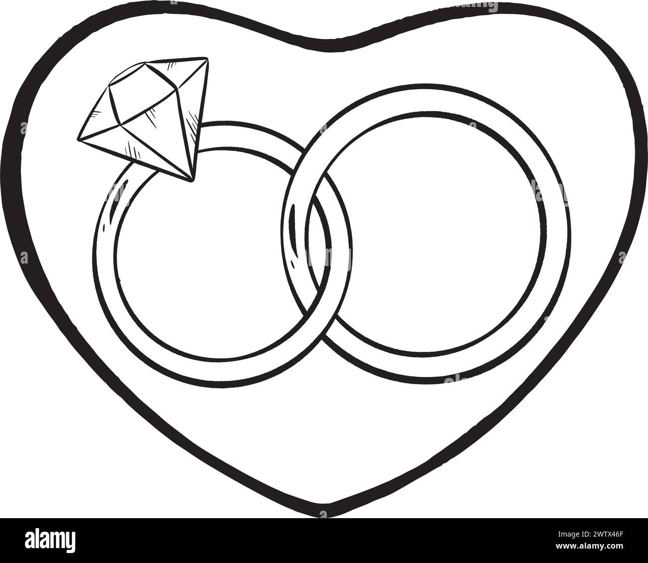 Un disegno bianco e nero di due fedi nuziali con un diamante in un cuore Illustrazione Vettoriale