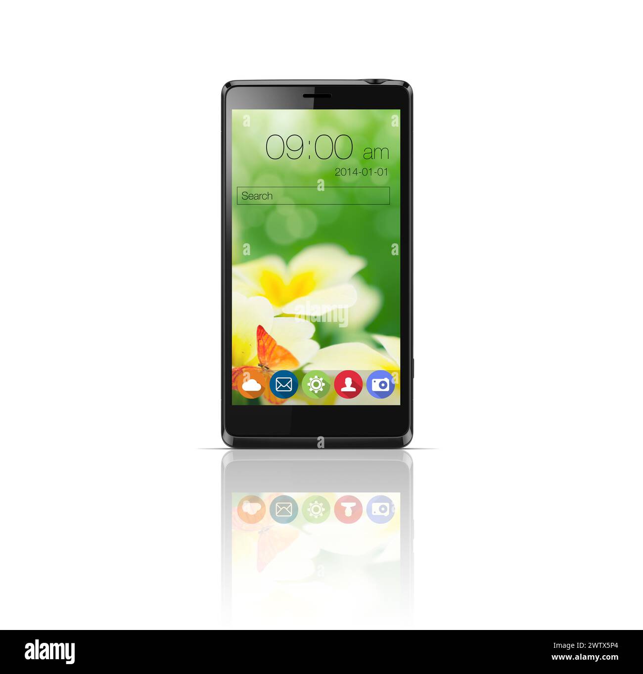 Schermo del telefono, tecnologia e interfaccia utente del telefono cellulare in studio isolato su uno spazio mockup su sfondo bianco. Smartphone, dispositivo mobile e display di software digitale Foto Stock