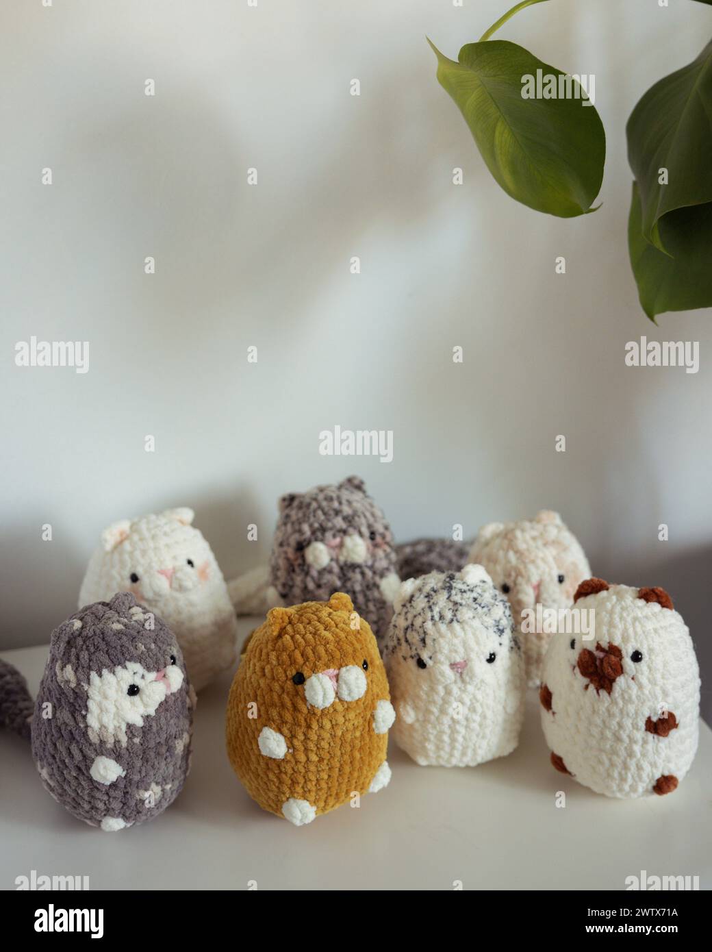 File di bambole di gatto a maglia disposte ordinatamente su un bancone Foto Stock