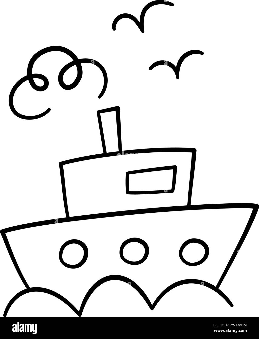 Barca a vela disegnata a mano sulle onde. Barca Doodle. Bambini che disegnano. Disegna una nave marina. Illustrazione vettoriale isolata in stile doodle su sfondo bianco Illustrazione Vettoriale