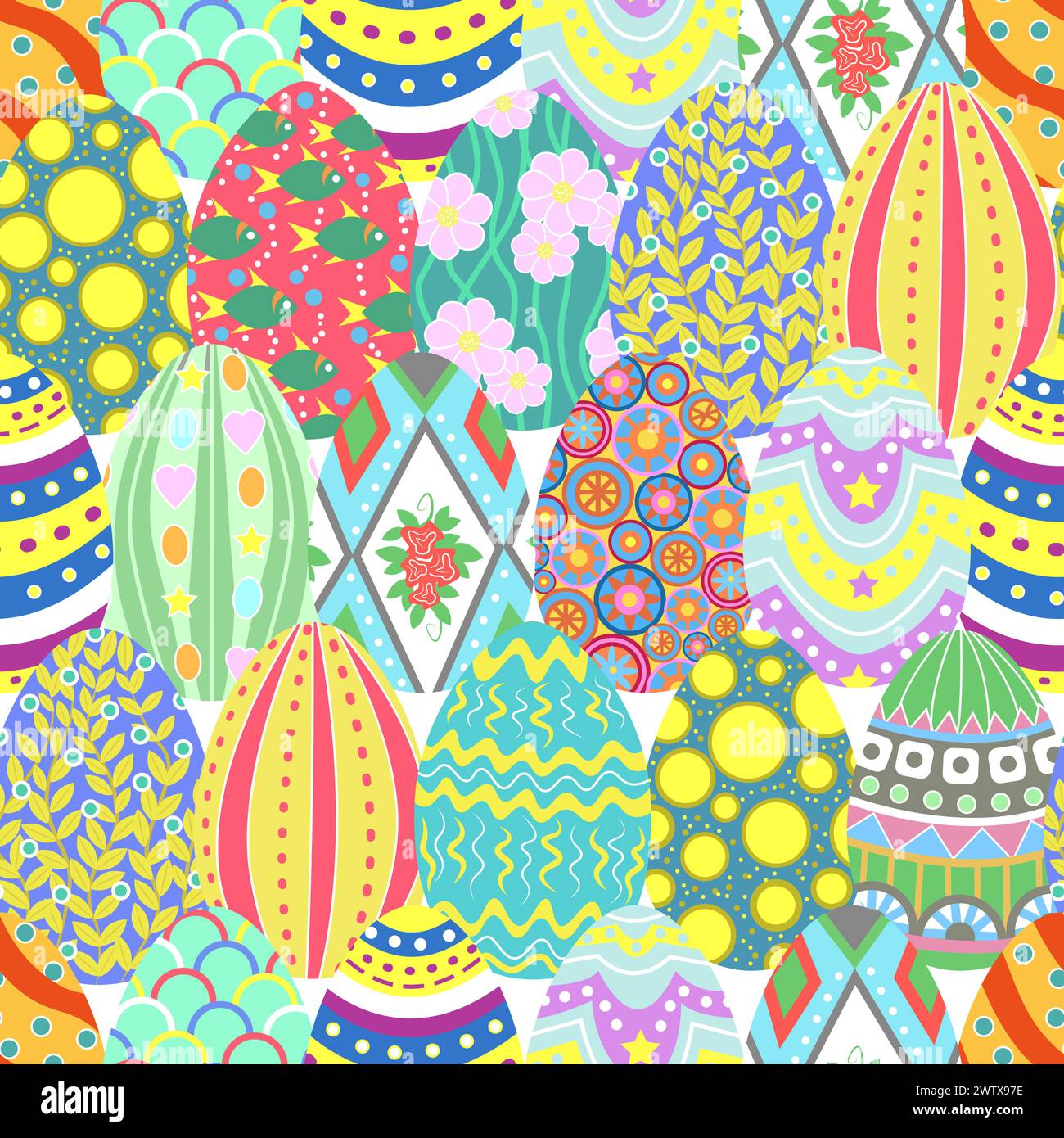 Motivo senza cuciture con il simbolo tradizionale delle festività pasquali: Uova colorate decorate in stile piatto Illustrazione Vettoriale