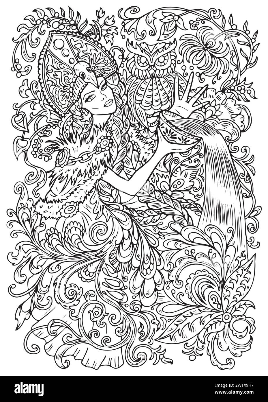 Illustrazione fantasia incisa con bella donna come strega o maga per colorare la pagina. Grafica disegnata a mano con concetto etnico come tatuaggio, Illustrazione Vettoriale